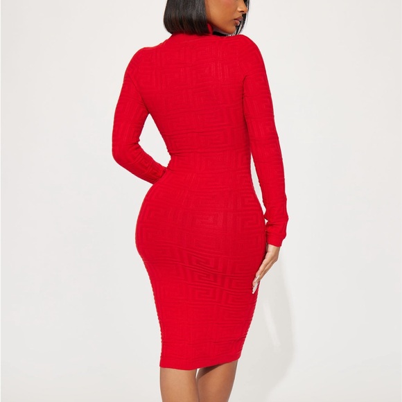 Fashion Nova Red Textured Long Sleeve Sweater Midi Dress with Mock Neck - Picture 2 of 4